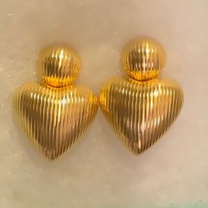 Gold-Tone Puffy Ribbed Heart Dangle Post and Clutch Earrings